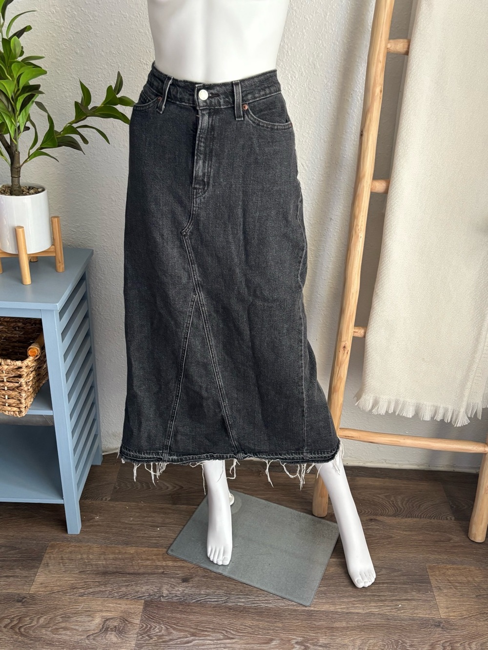 Black Washed Denim Midi Skirt - Picture 3 of 4